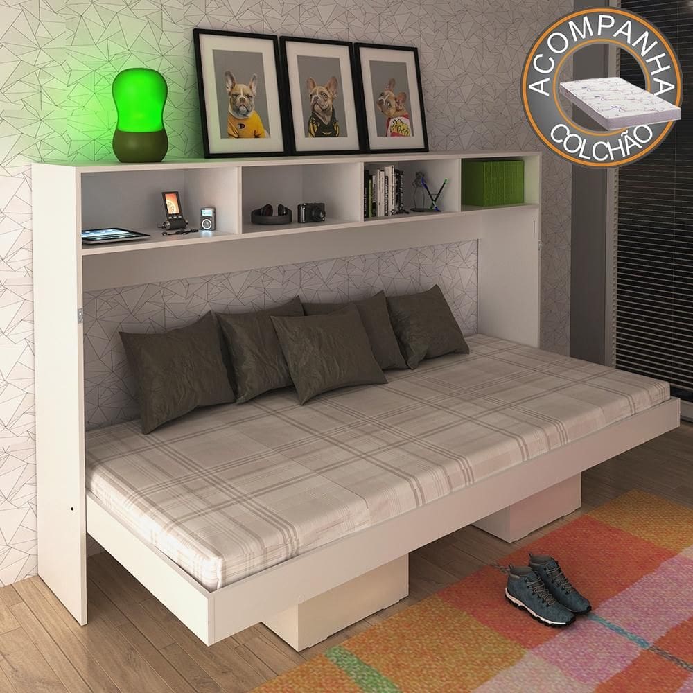 Cama Articulada Horizontal Solteiro com Nichos CM8020 Branco Tecnomobili + Colchão Ortobom