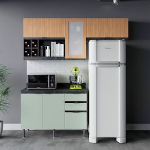 Cozinha Compacta Orquídea CZ1202 180cm 03 Peças 05 Portas 03 Gavetas com Divisor de Talheres Mármore Lunar Verde Mar Freijó Tecnomobili