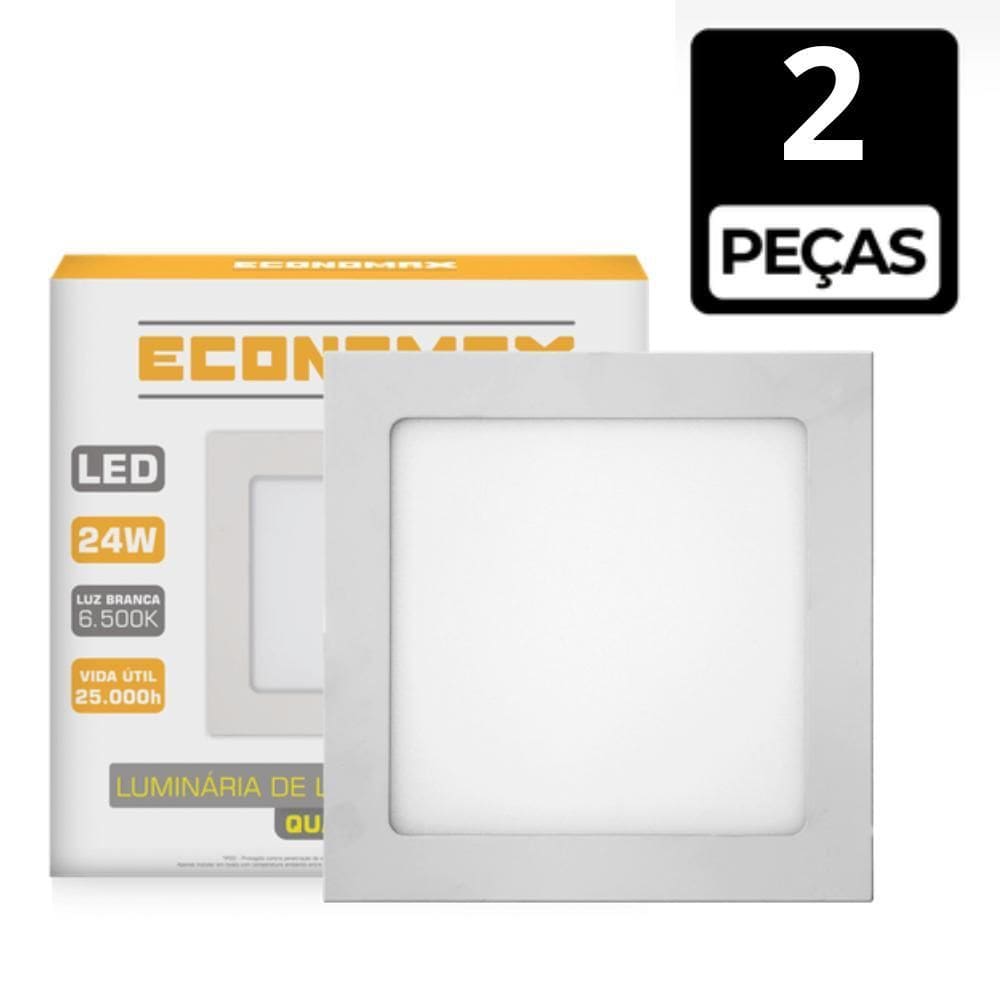 Kit 2 Painel Plafon 24W Quadrado Sobrepor Led 6500K Branca