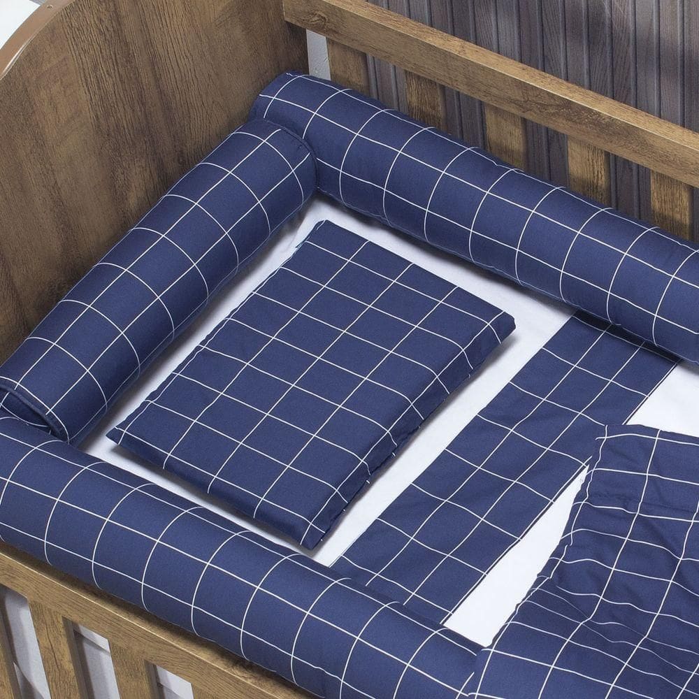Kit Para Berço Jogo De Lençol Com Rolinhos 100% Algodão 7 Peças - Grid Azul Marinho