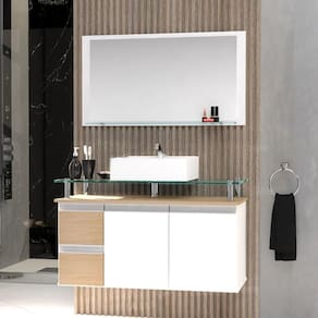 Conjunto Gabinete Banheiro 2 Gavetas 2 Portas 80cm Com Espelheira Diamante - Freijó Amadeirado - Bege