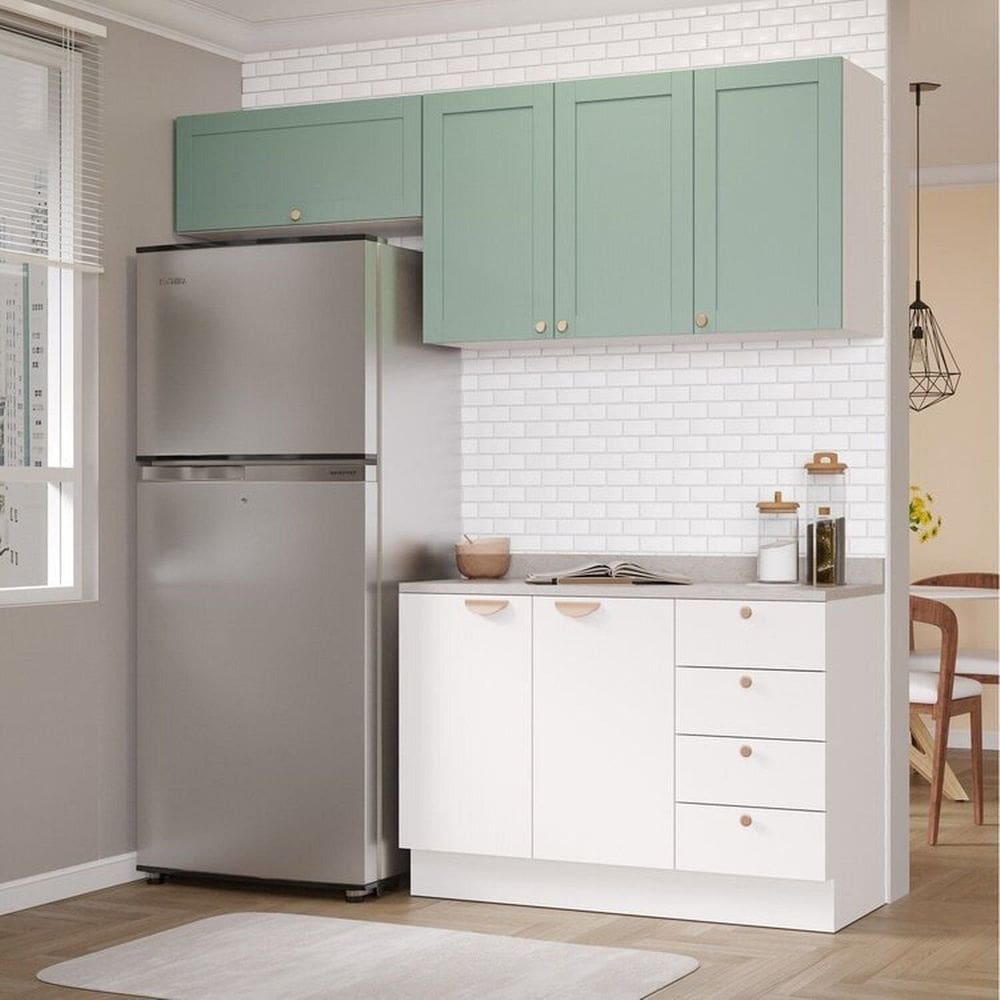 Cozinha Modulada 3 Peças 2 Aéreos 1 Balcão Arizona Cabecasa Madeiramadeira Branco/Menta