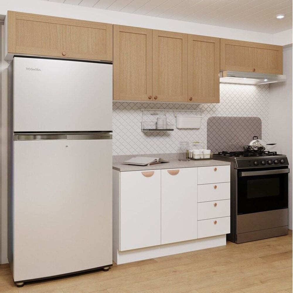 Cozinha Modulada 4 Peças 3 Aéreos 1 Balcão Arizona Cabecasa Madeiramadeira Branco/Figueira