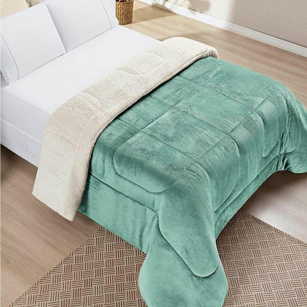 Edredom Queen Coberdrom Dupla Face Sherpa Mantinha Everest Cor Verde Agua