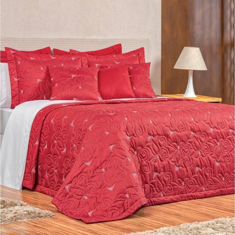 Cobre Leito Vilena King Micropercal 180 Fios Bordado 3 Peças - Vermelho