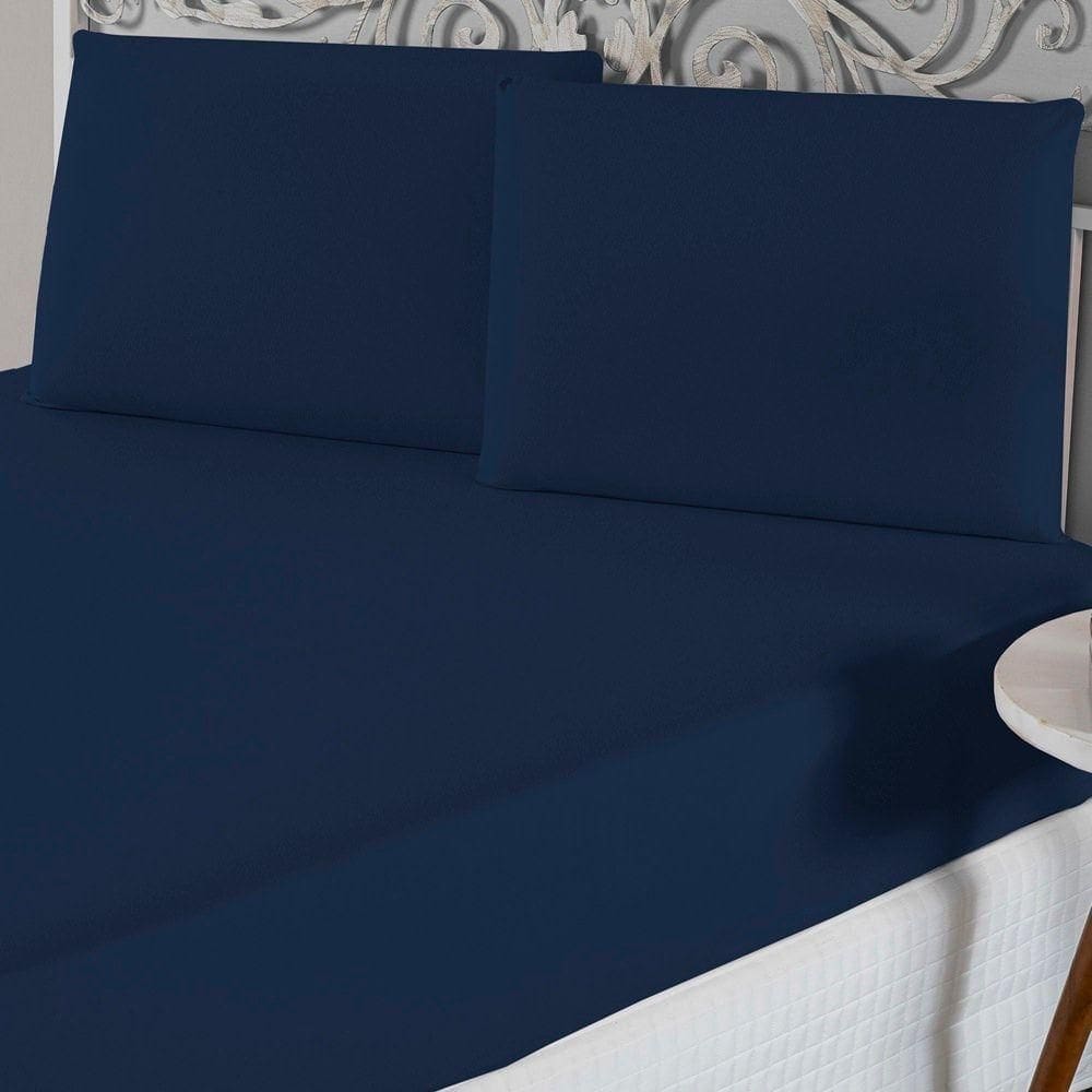 Jogo De Lençol Queen Malha 100% Algodão 3 Peças - Marinho