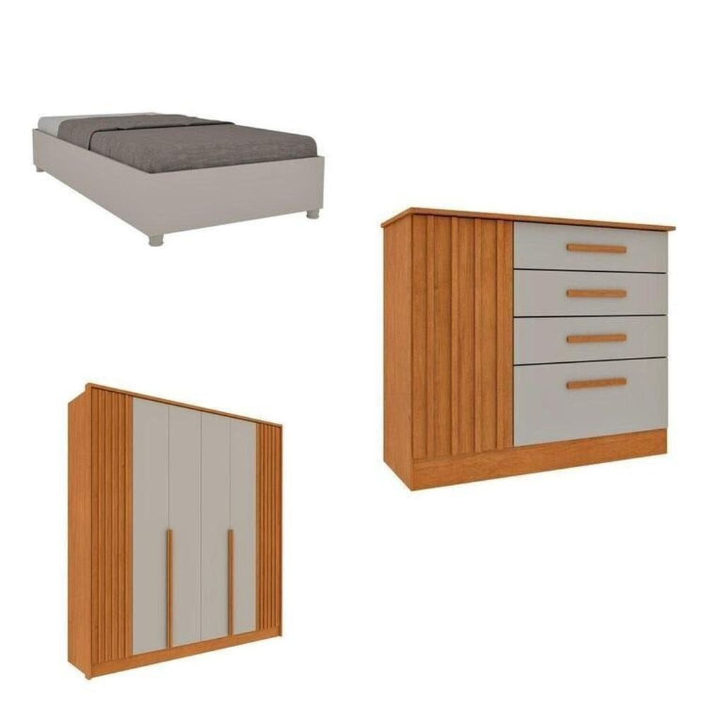 Quarto Solteiro Guarda-Roupa Ripado Nova York, Cama Solteiro Mônaco, Cômoda 4 Gavetas Nova York Cinamomo/Off White