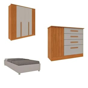 Quarto Solteiro Guarda-Roupa Ripado Nova York, Cama Solteiro Mônaco, Cômoda 4 Gavetas Nova York Cinamomo/Off White