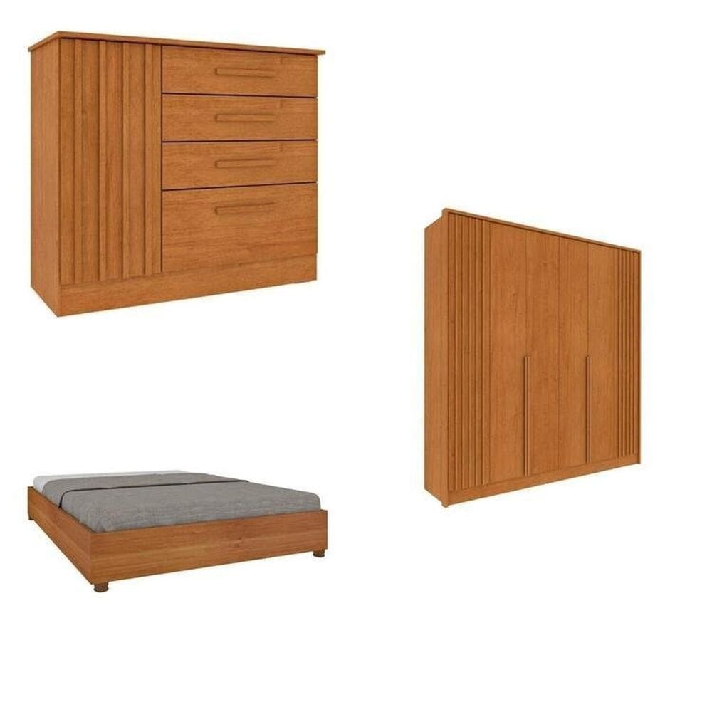 Quarto Casal Completo Guarda-Roupa 6 portas e Cômoda 4 Gavetas Ripado Nova York e Cama Queen Mônaco Cinamomo