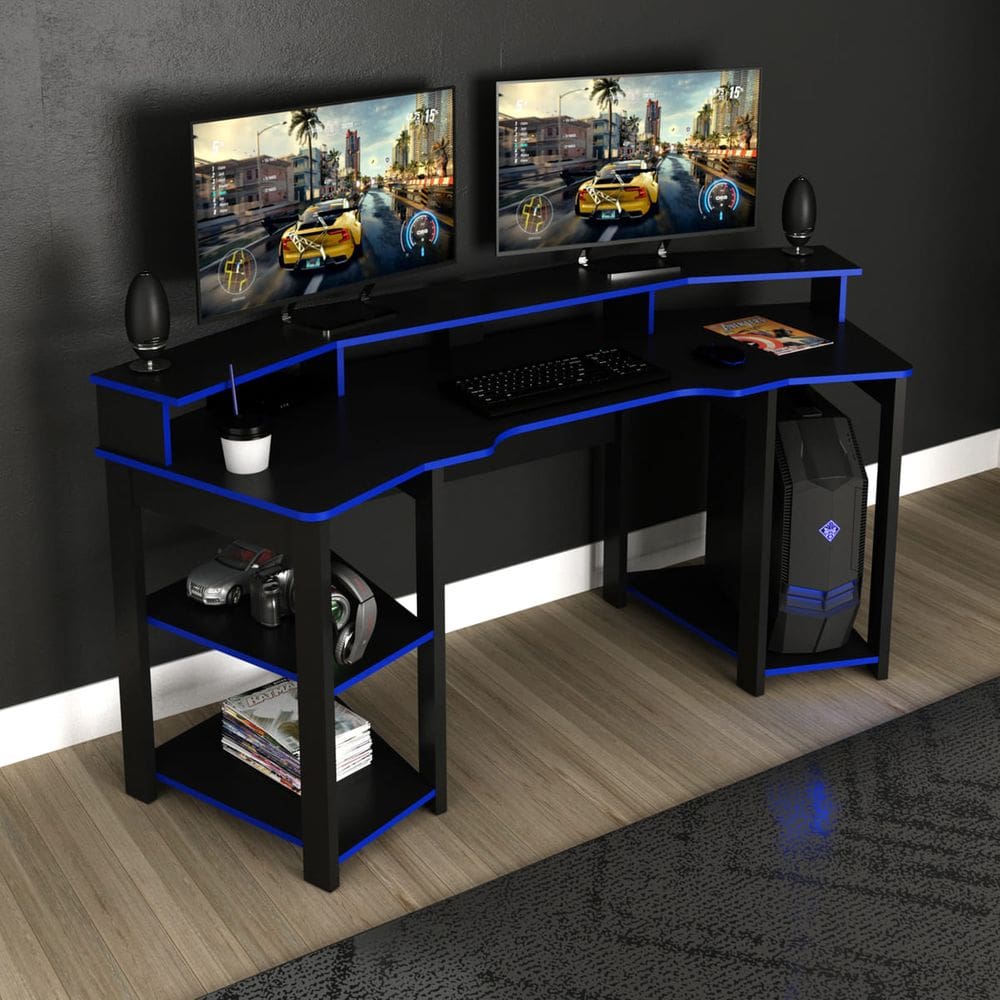 Mesa para Computador Gamer com Porta Copo 186x89cm ME4167 Preto Azul