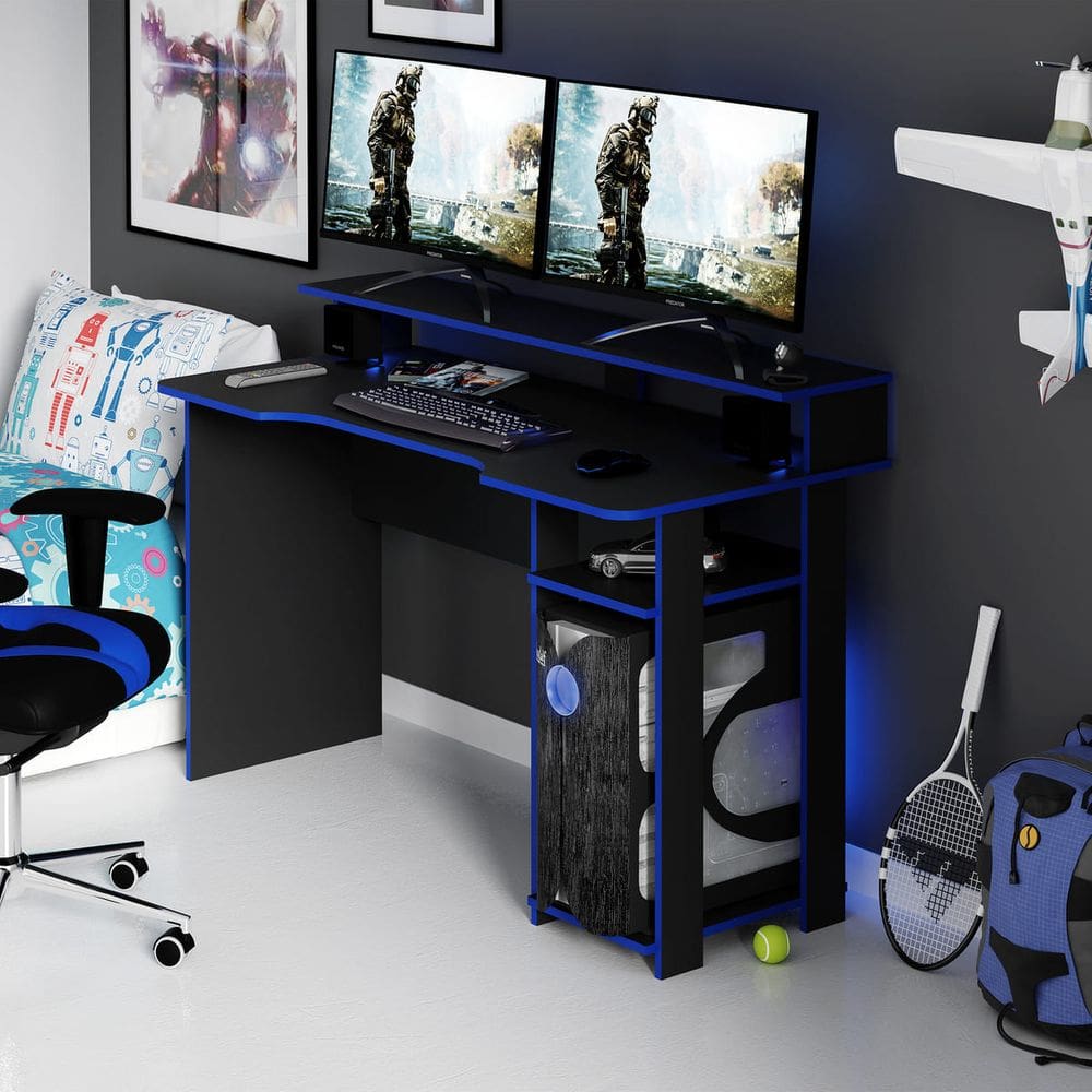 Escrivaninha Mesa Gamer para PC 136x89cm ME4153 Preto Azul