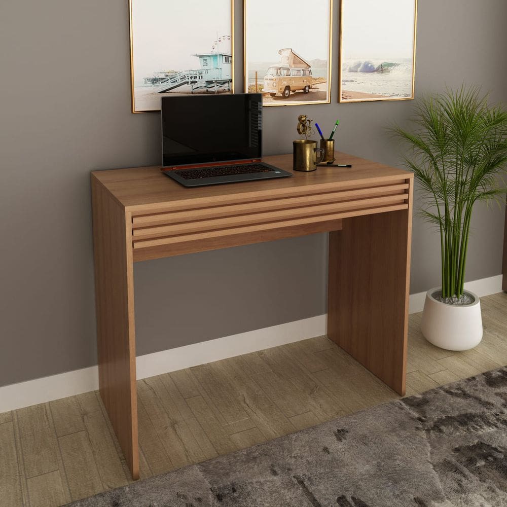 Mesa de Estudo com Gaveta Ripado 90x74cm ME4173 Amêndoa