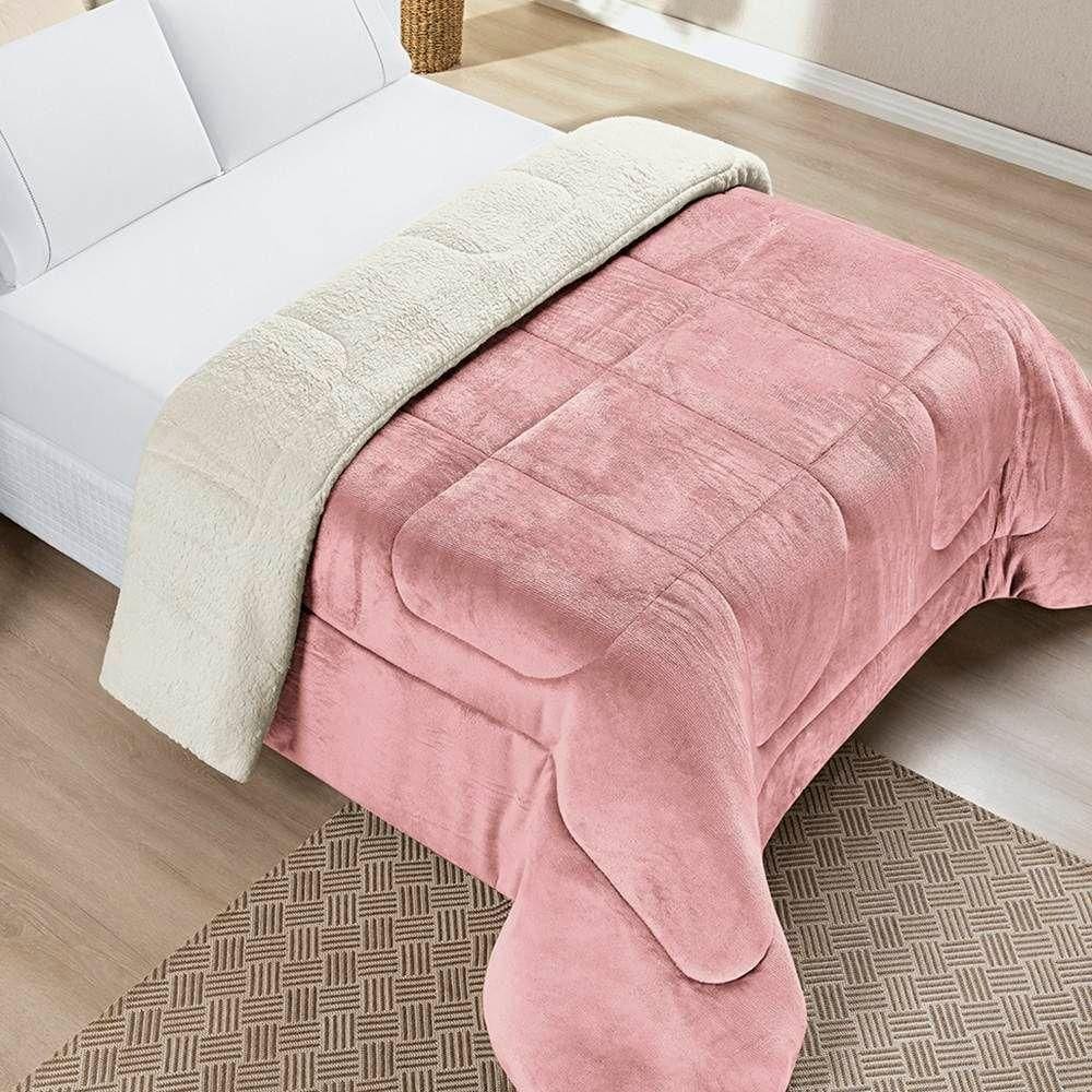 Edredom Queen Coberdrom Dupla Face Sherpa Mantinha Everest Cor Rosa Chiclete