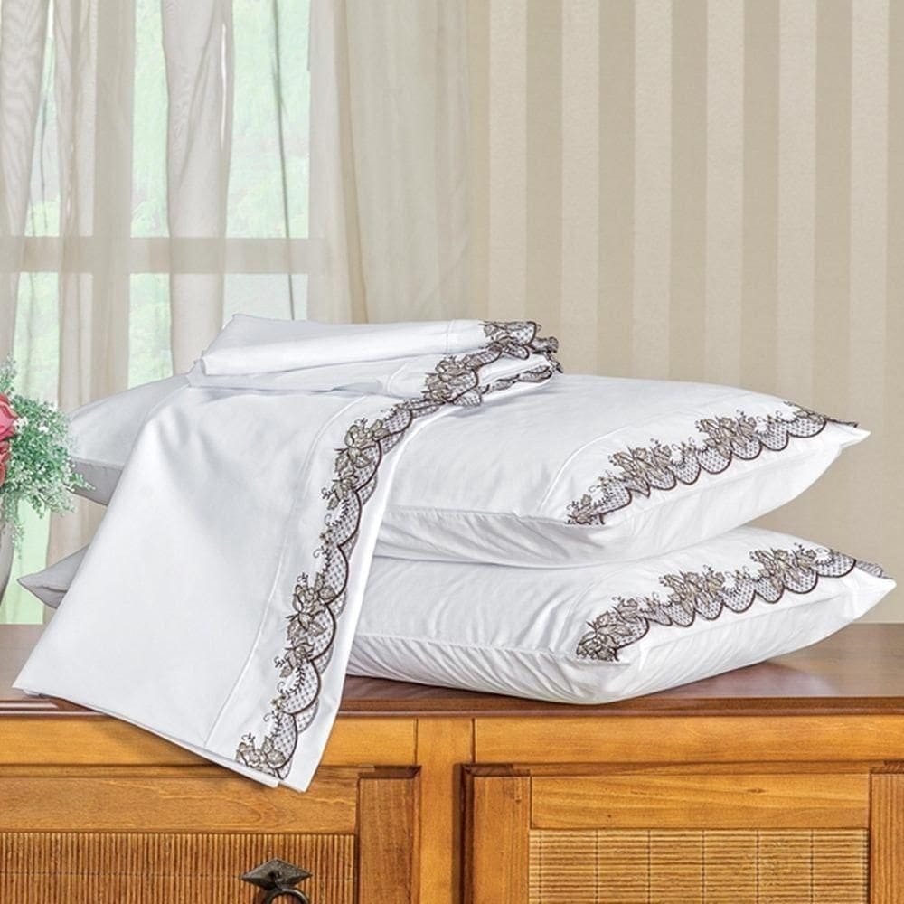 Jogo De Lençol King Bordado 100% Algodão 4 Peças Mondrean - Branco