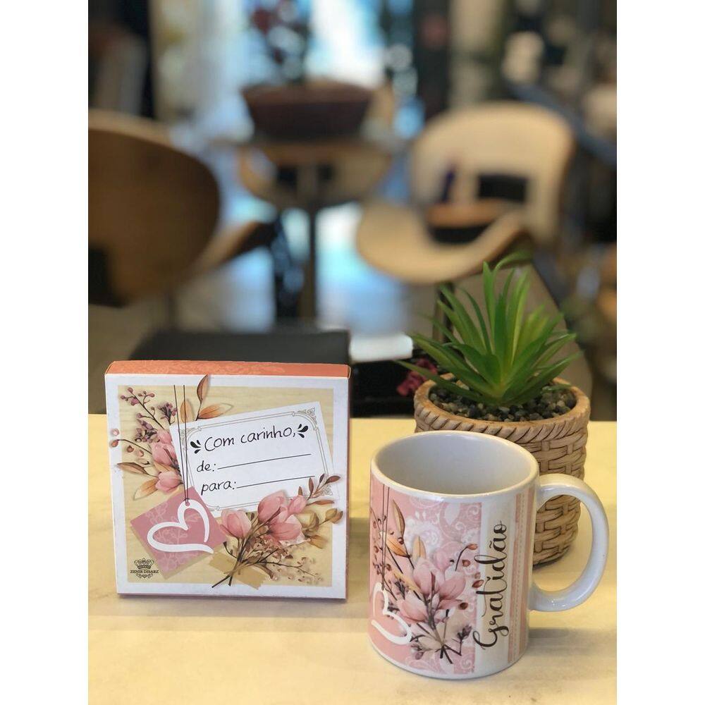 Caneca em Cerâmica Gratidão Com Flores - 300ml