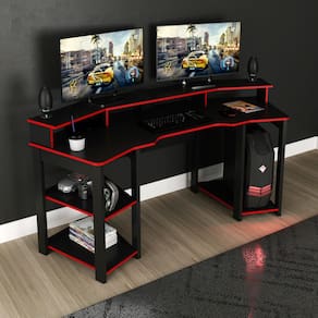 Mesa Gamer com 3 Prateleiras Porta Copo 186x89cm ME4167 Preto Vermelho