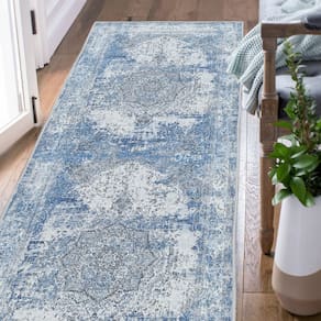 Tapete Runner Jinchan Lavável para Corredor Azul Vintage 60x180cm