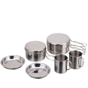 Kit Panelas Em Inox Camping Cozinha Acampamento Outdoor Completo 8 Peças Panela Viagem Praia Pesca