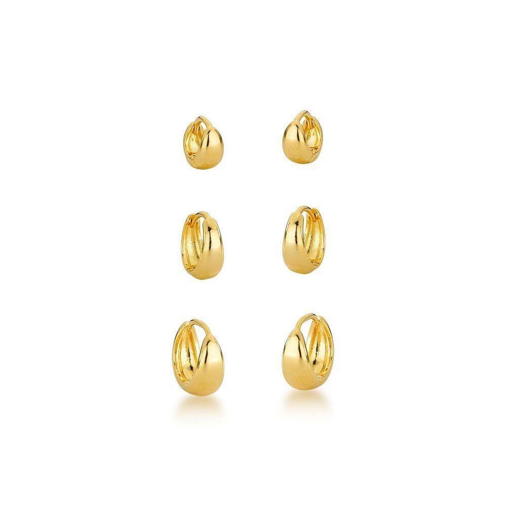 Kit Trio De Argolas Lisas Click Banhada Ouro 18k