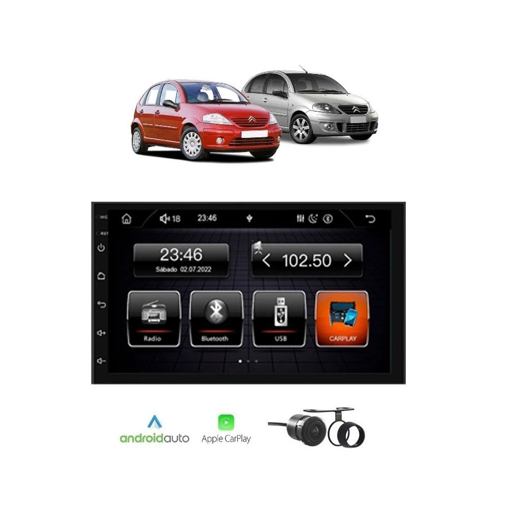 Kit Multimídia Citroen C3 2003 / 2012 7 Pol CarPlay AndroidAuto USB BT - Roadstar 708BR