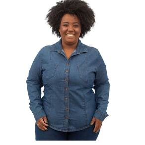 Camisa Jeans Fem Plus Size com Lycra Manga longa