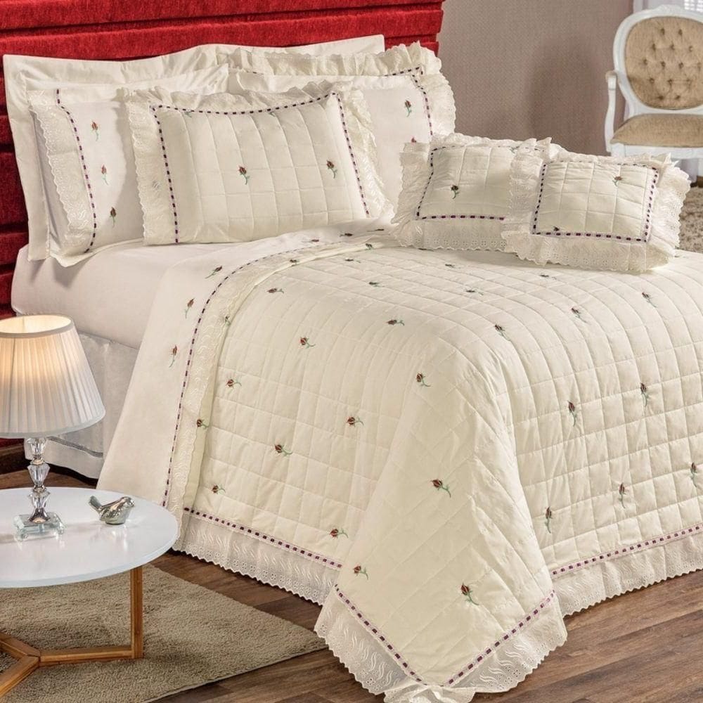 Kit Cobre Leito Queen Felicitá Percal 200 Fios Bordado 9 Peças - Marfim