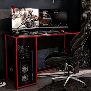 Mesa Gamer Singapura Em MDP Para 2 Monitores Politorno Preto Vermelho
