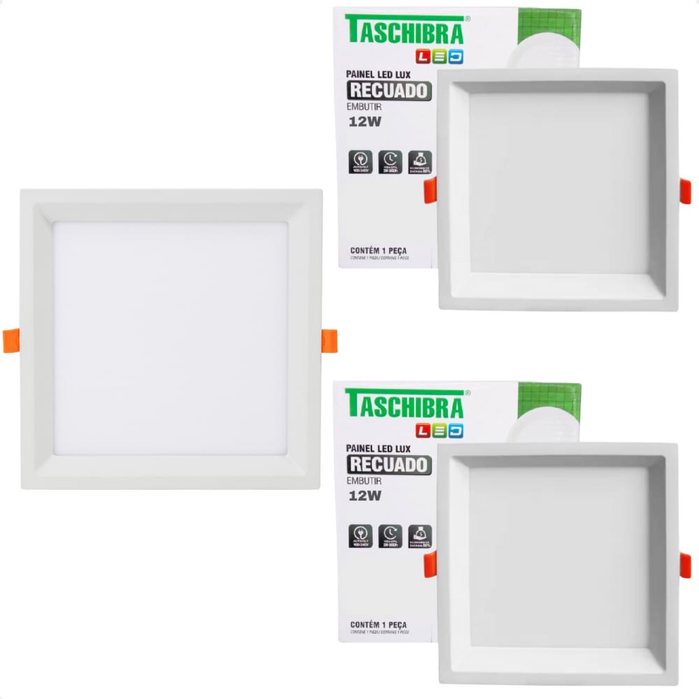 Kit 3 Painel de Led Quadrado Embutir Recuado 12W Bivolt Taschibra 6500K Frio