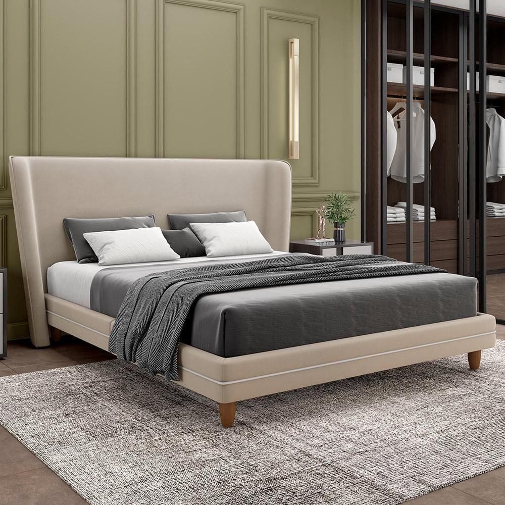 Cama Casal Base Box Pés Madeira 148cm Suném P05 Veludo Bege - Lyam Decor