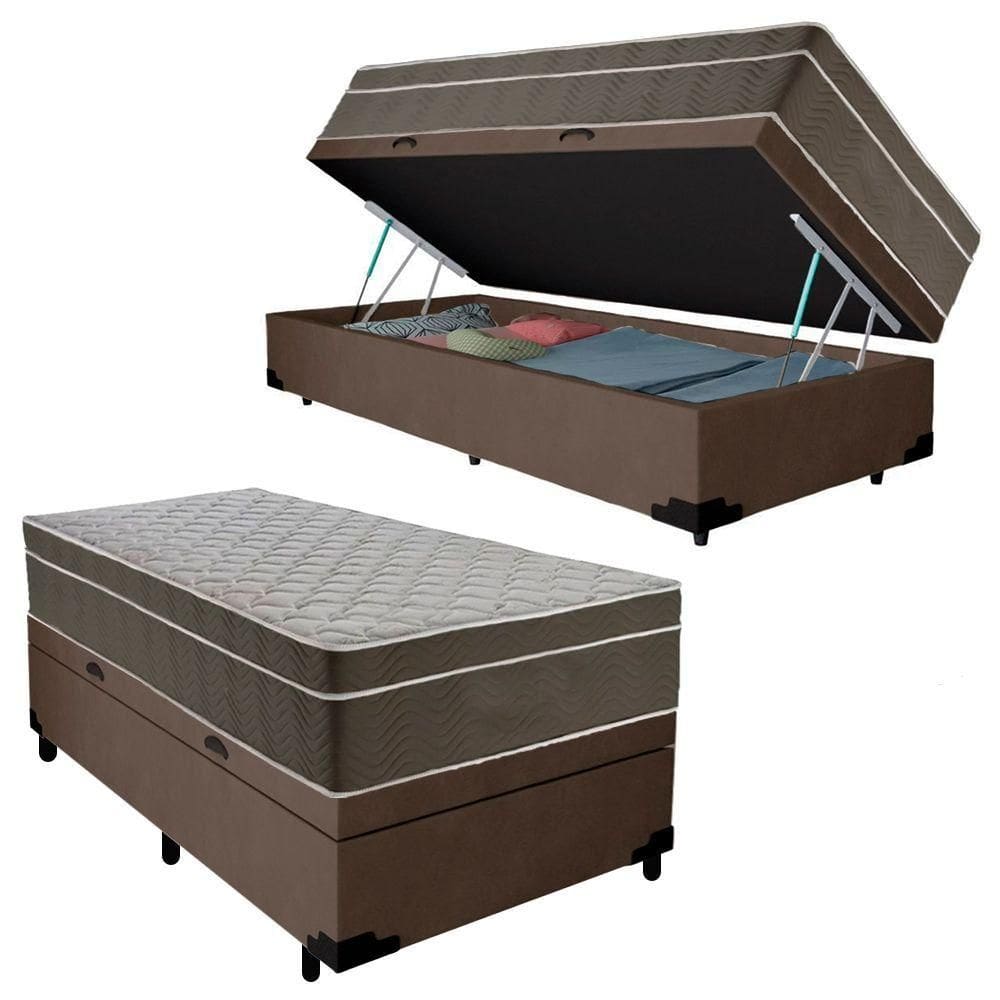 Cama Box Baú Suede Solteiro + Colchão Serene Molas Ensacadas 88x188x69 Cor:marrom