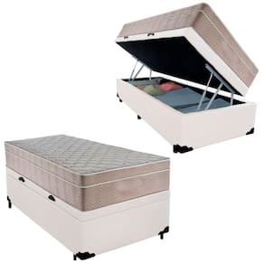 Cama Box Baú Solteiro Sintético + Colchão De Molas Ensacadas - Serene - 88cm Branco