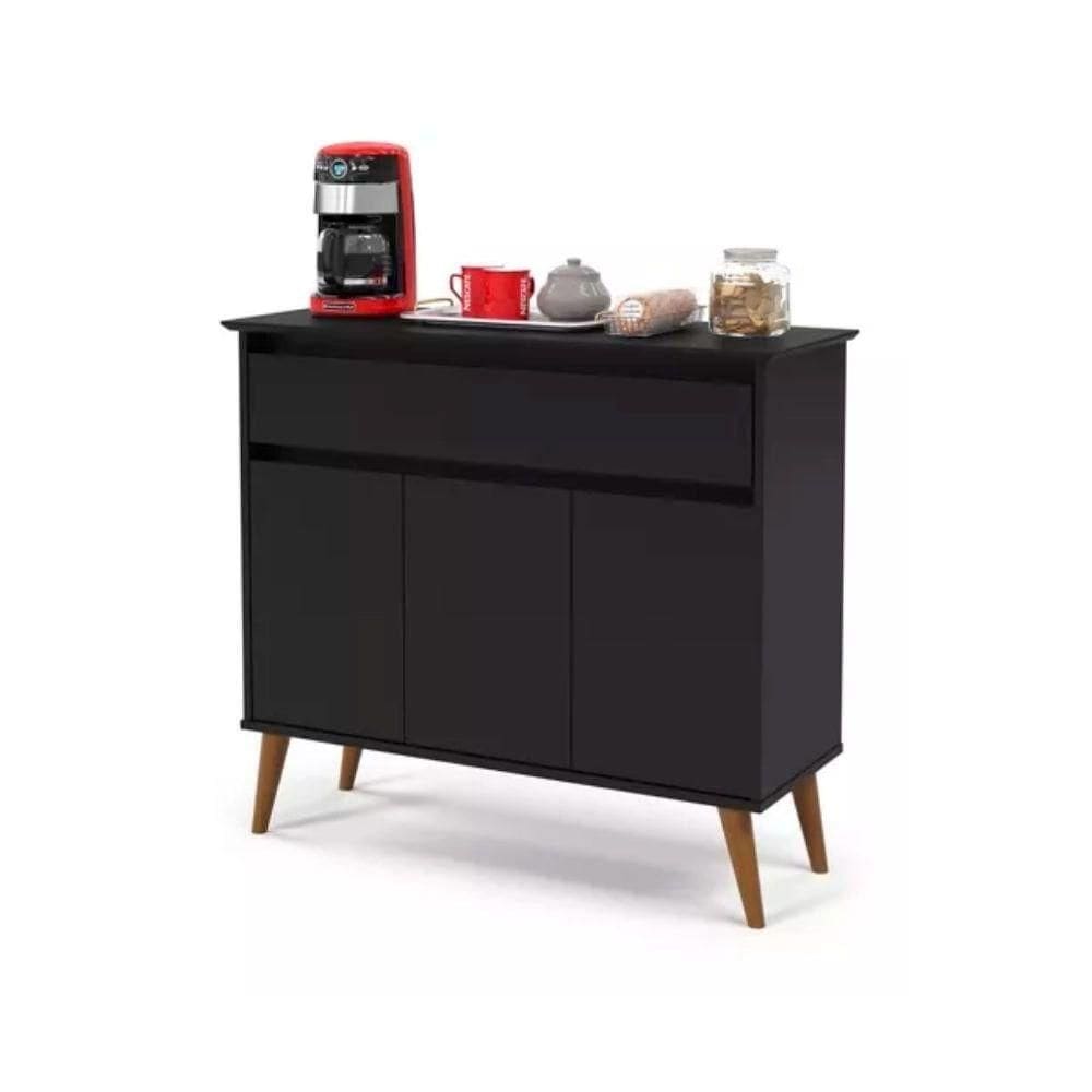Aparador Buffet Zeus Retrô 3 Portas 1 Gaveta Ej Móveis Preto