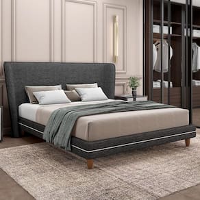 Cabeceira Casal Nilo 140cm Com Cama Pés Madeira Suném P05 Linho Cinza Escuro - Lyam Decor