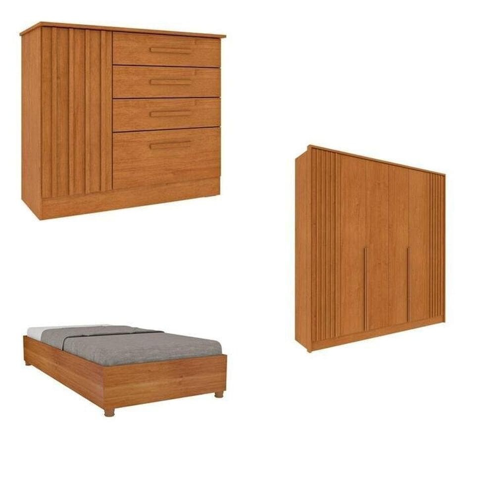 Quarto Solteiro Guarda-Roupa Ripado Nova York, Cama Solteiro Mônaco, Cômoda 4 Gavetas Nova York Cinamomo