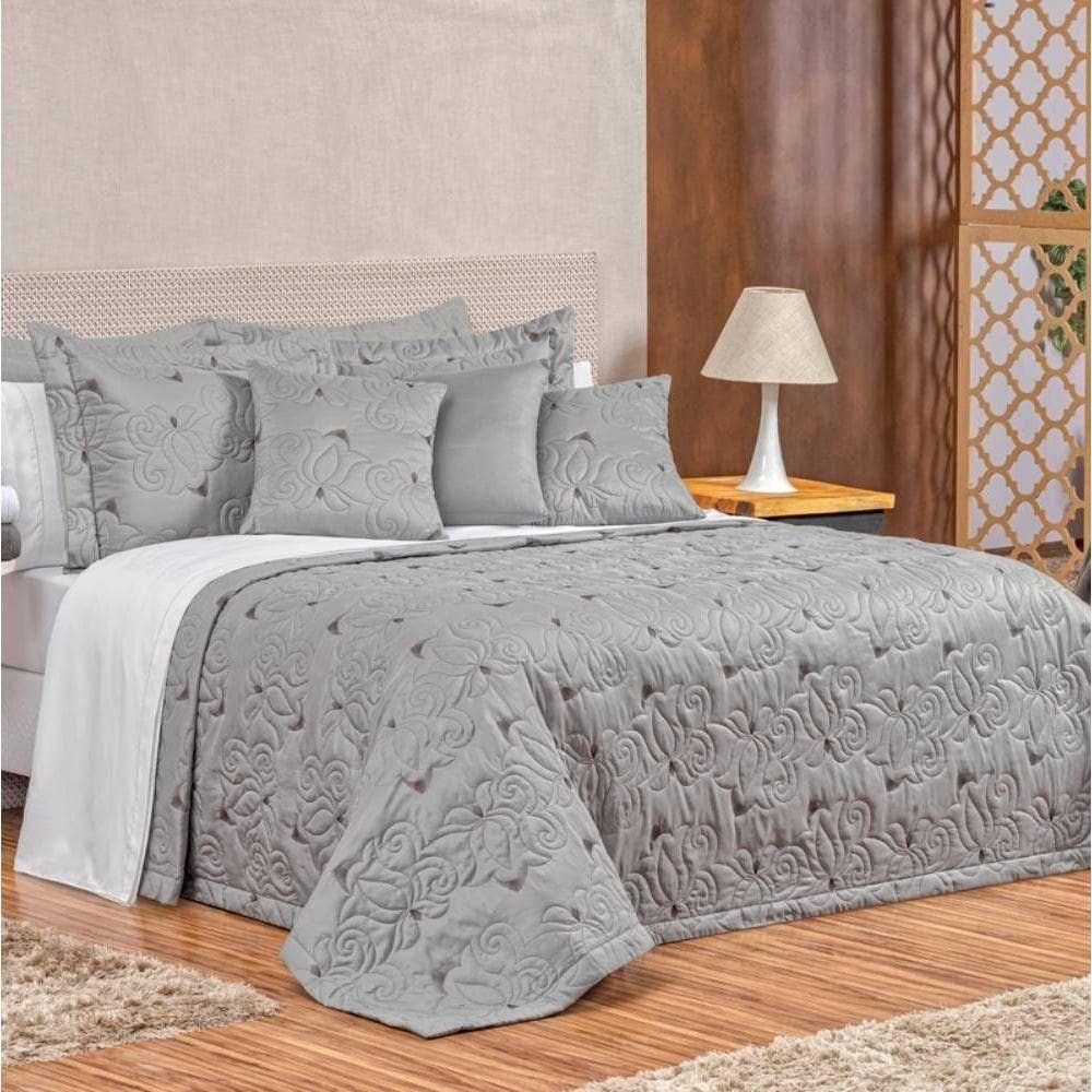 Cobre Leito Vilena Queen Micropercal 180 Fios Bordado 3 Peças - Cinza