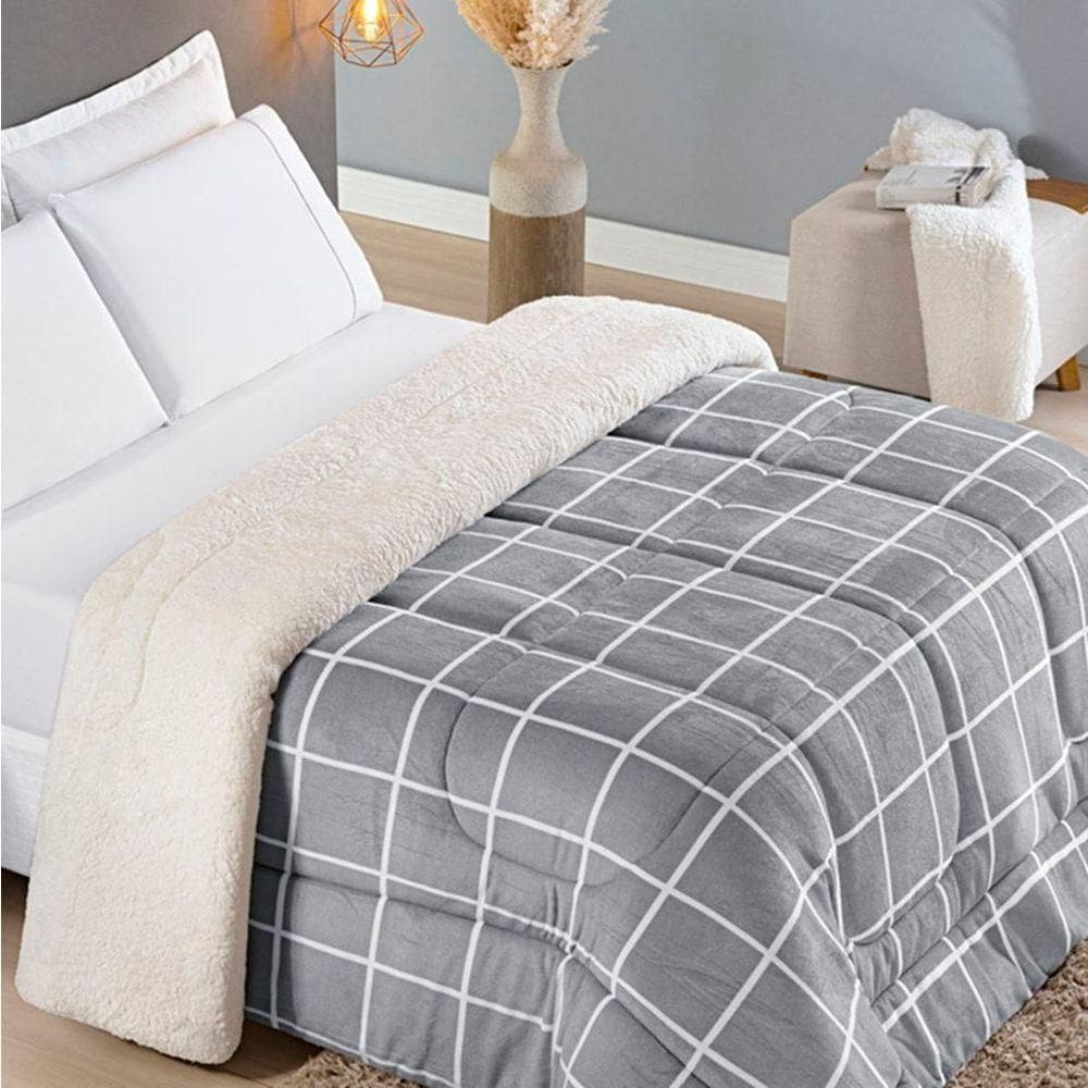 Edredom Queen Coberdrom Sherpa/mantinha Austin 1 Peça - Cinza