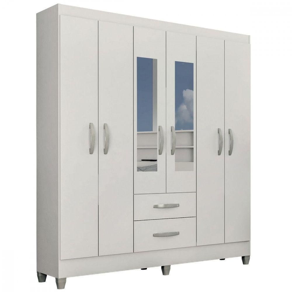 Guarda Roupa Casal Real 6 Portas 2 Gavetas Espelho Atualle Branco Brilho