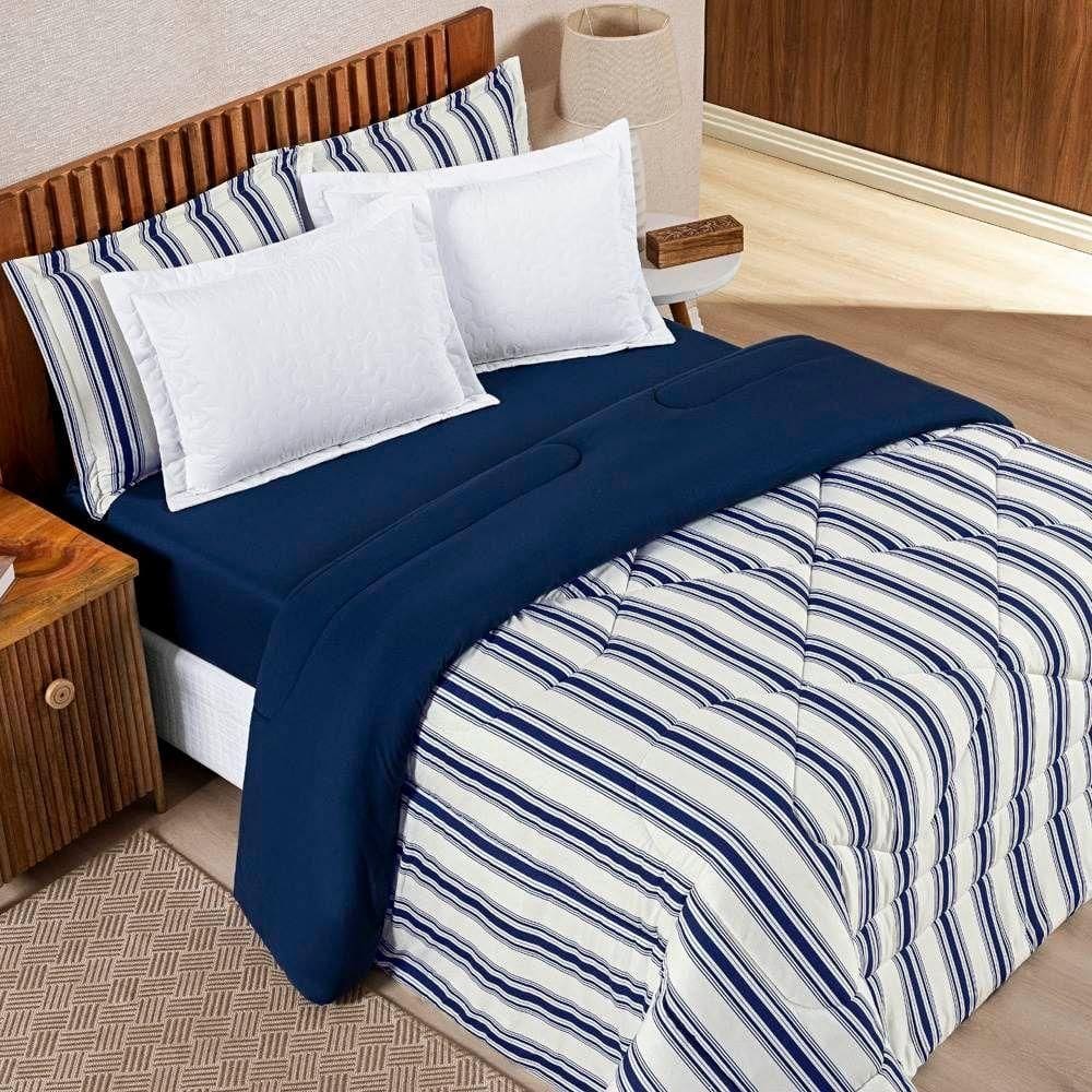 Edredom Casal Padrão Dupla Face Marin Malha 100% Algodão 1 Peça Cor Listra Marinho
