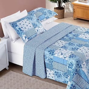 Colcha King Bouti Estampada Dupla Face 3 Peças - Azul Sereno