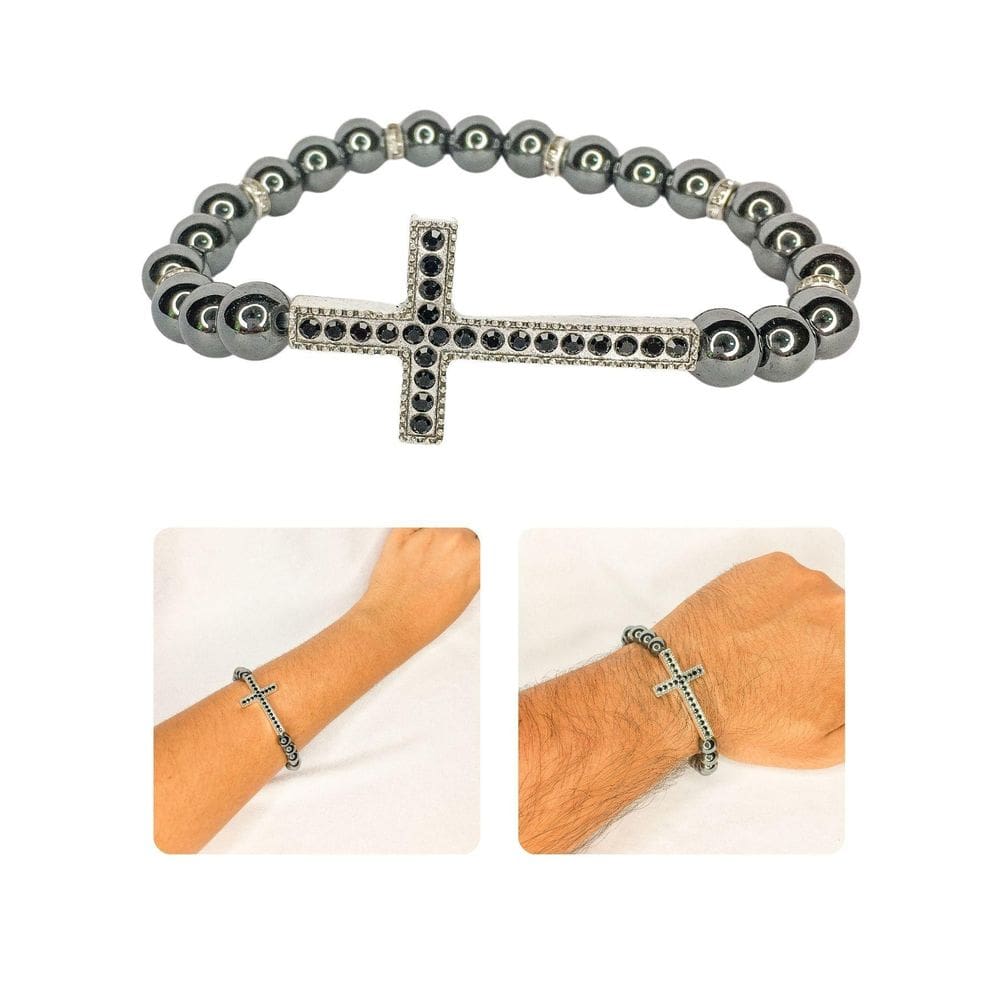Pulseira Unissex Ajustável Hematita Opala Onix Cruz