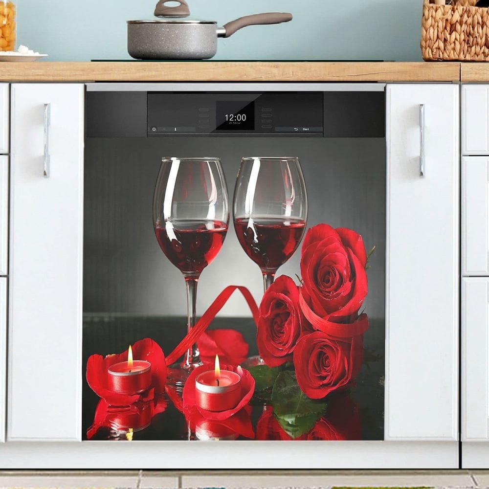 Tampa magnética para máquina de lavar louça Exnundod Red Wine Rose 58,42x66,04cm