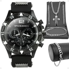 Relogio Masculino Preto + Pulseira + Cordão Prata Grumet Inoxidável Qualidade Premium Black Piano