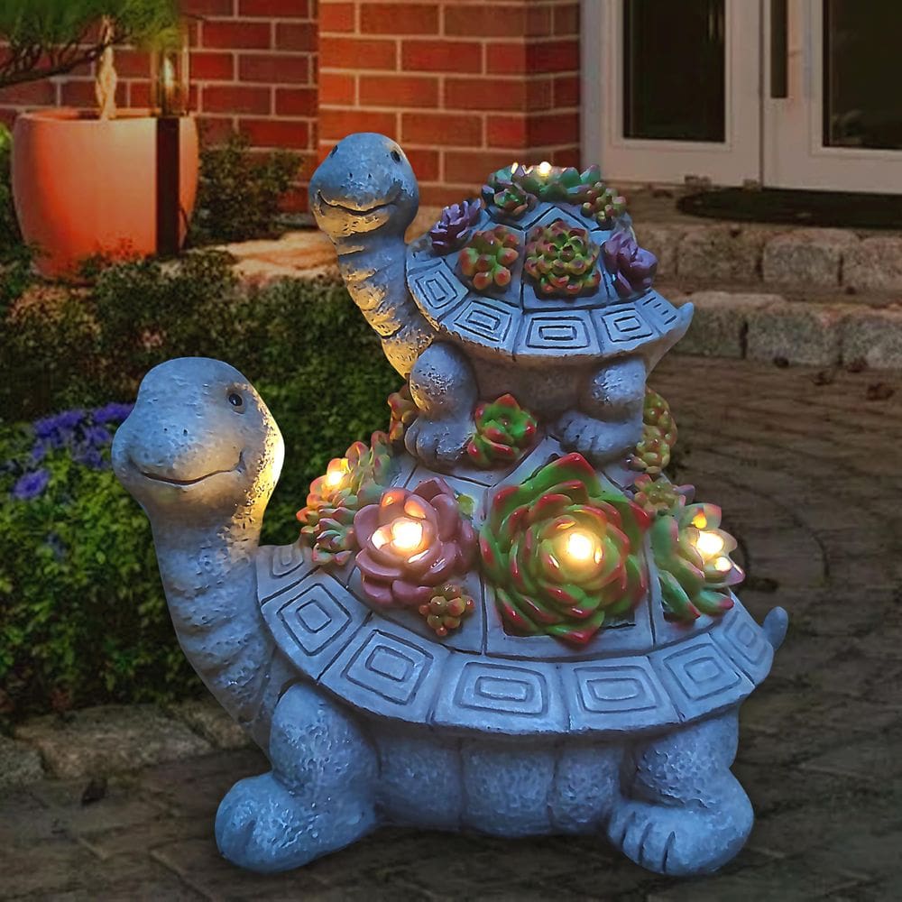 Estátua de jardim VIOYOUNS Large Turtle Solar com 6 LED suculentos