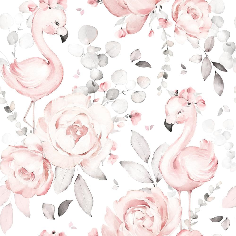Papel de parede MuralPeel Cute Pink Floral White Grey Flamingo