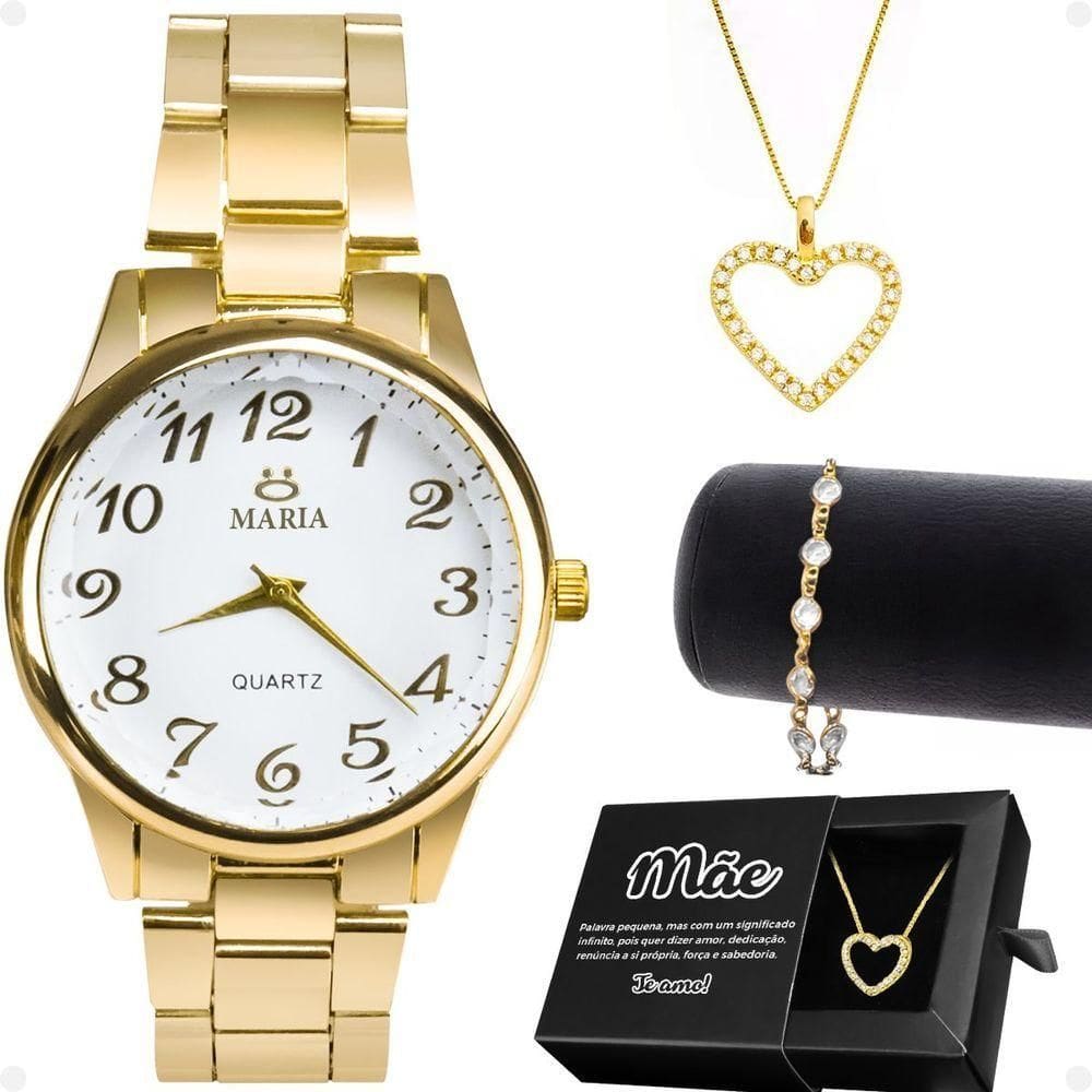 Relogio Feminino Banhado + Colar Coração + Pulseira + Caixa