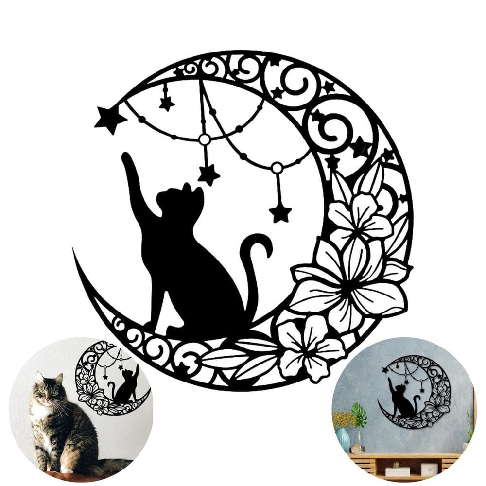 Painel Metálico Gatinho E Lua Para Parede 40Cm