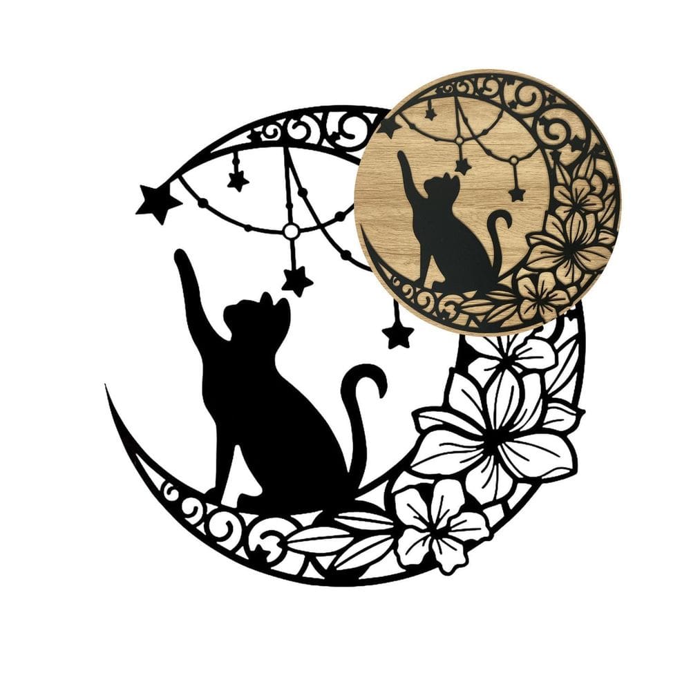 Painel Em Aço Com Design De Gato E Lua 40Cm Preto
