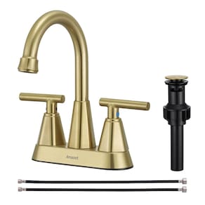 Torneira de pia de banheiro Amaoot Brushed Gold 10 cm, 3 furos, 2 alças