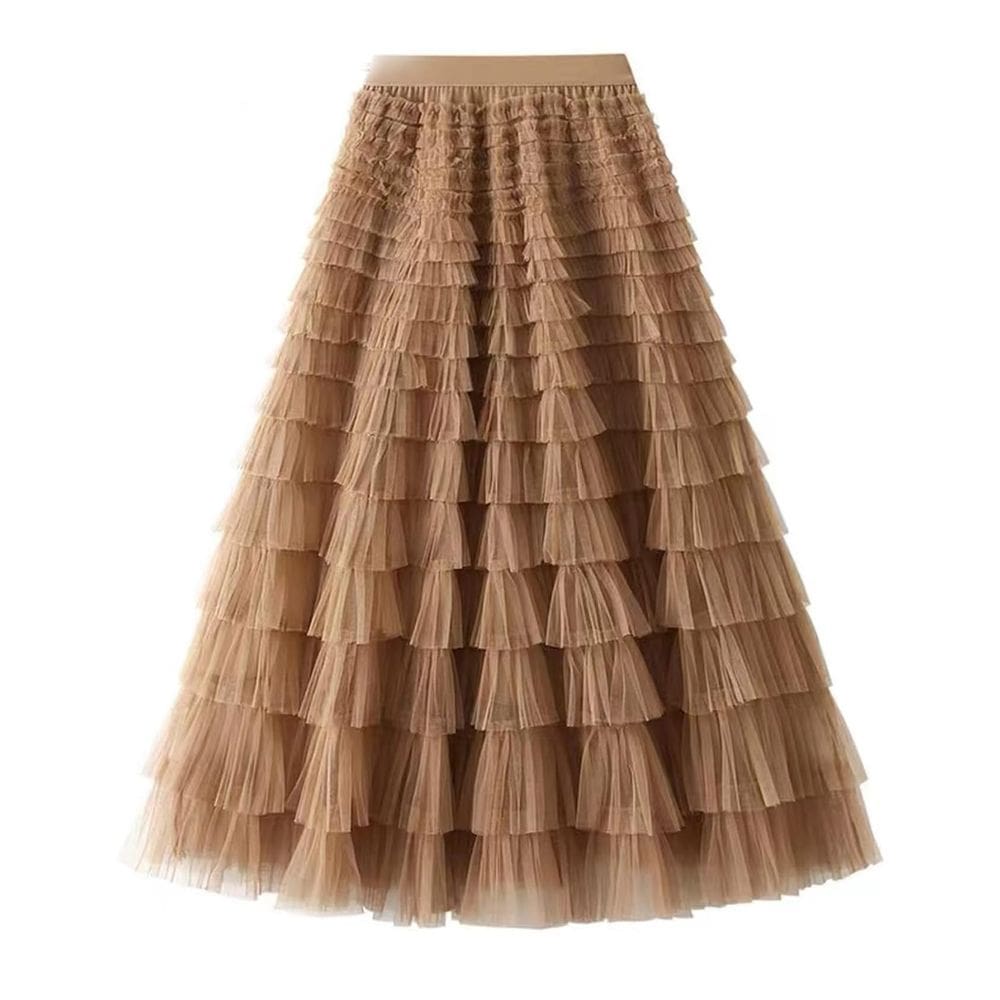 Saia maxi de tule Flygo para mulheres, cáqui de cintura alta