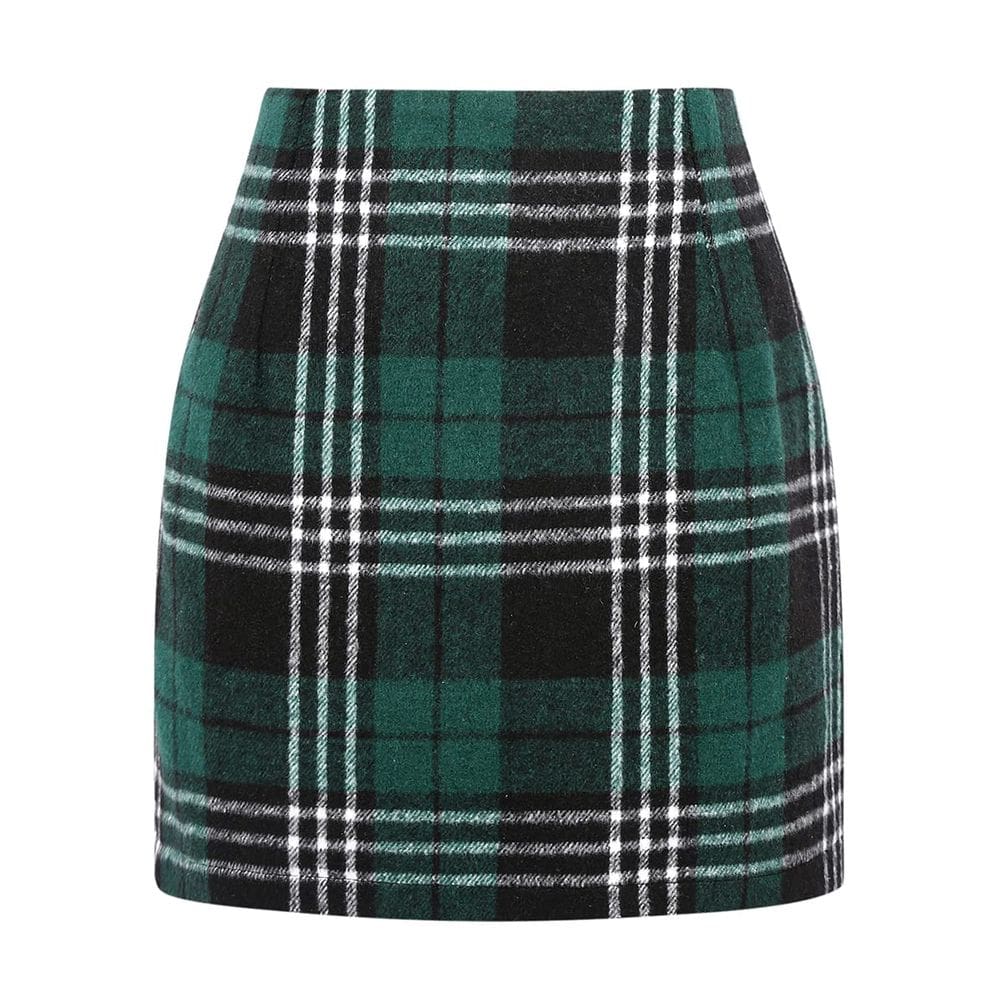Mini saia IDEALSANXUN outono-inverno xadrez de lã verde para mulheres